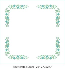 Elegant green vegetal ornamental frame with leaves and blue flowers, decorative border, corners for greeting cards. Isolated vector illustration	
