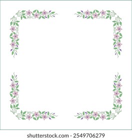 Elegant green vegetal ornamental frame with leaves and pink flowers, decorative border, corners for greeting cards. Isolated vector illustration	
