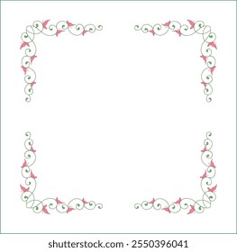 Elegante marco ornamental vegetal verde con hojas y mariposas rosadas, borde decorativo, esquinas para tarjetas de felicitación. Ilustración vectorial aislada