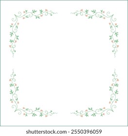Elegant green vegetal ornamental frame with leaves and pink flowers, decorative border, corners for greeting cards. Isolated vector illustration