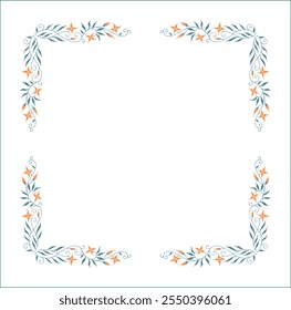 Elegante marco ornamental vegetal verde con hojas y flores de color naranja, borde decorativo, esquinas para tarjetas de felicitación. Ilustración vectorial aislada