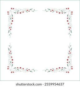 Elegant green vegetal ornamental frame with leaves and red flowers, decorative border, corners for greeting cards. Isolated vector illustration	
