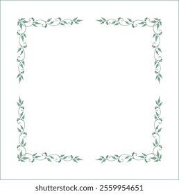 Elegant green vegetal ornamental frame with leaves and small flowers, decorative border, corners for greeting cards. Isolated vector illustration	
