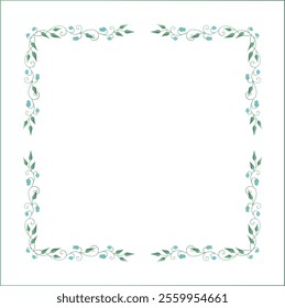 Elegant green vegetal ornamental frame with leaves and blue flowers, decorative border, corners for greeting cards. Isolated vector illustration	
