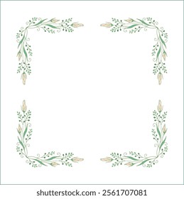 Elegant green vegetal ornamental frame with leaves and beige flowers, decorative border, corners for greeting cards. Isolated vector illustration	
