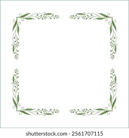 Elegant green vegetal ornamental frame with leaves, decorative border, corners for greeting cards. Isolated vector illustration	
