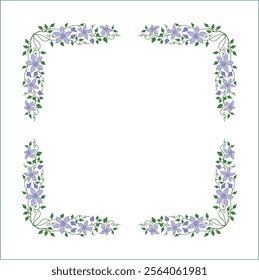 Elegant green vegetal ornamental frame with leaves and blue flowers, clematis; decorative border, corners for greeting cards. Isolated vector illustration	
