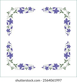 Elegant green vegetal ornamental frame with leaves and blue flowers, clematis; decorative border, corners for greeting cards. Isolated vector illustration	
