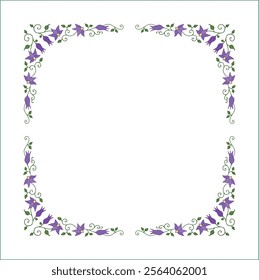 Elegant green vegetal ornamental frame with leaves and purple flowers, clematis; decorative border, corners for greeting cards. Isolated vector illustration	
