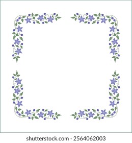 Elegant green vegetal ornamental frame with leaves and blue flowers, clematis; decorative border, corners for greeting cards. Isolated vector illustration	
