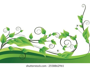 Elegant green vines with swirling patterns and vibrant leaves. Perfect for invitations, eco-friendly designs, nature projects, posters, and banners with a clean white background