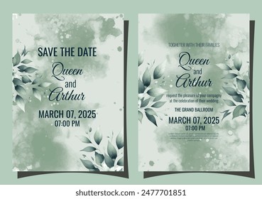 Elegant green watercolor floral wedding template featuring delicate blooms and lush foliage. great for stunning invitations.