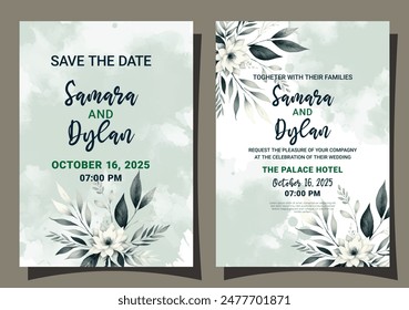 Elegant green watercolor floral wedding template featuring delicate blooms and lush foliage. great for stunning invitations.