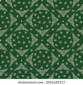 Elegant green and white floral bandana pattern featuring intricate symmetrical motifs. Perfect for textiles, wallpapers, and fashion accessories.
