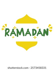 An elegant green and yellow design of the word "Ramadan," surrounded by Islamic-inspired decorations. Perfect for holiday promotions and festive projects.