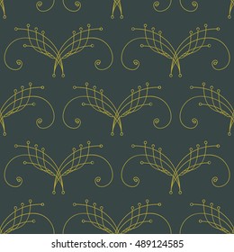 Elegant green and yellow seamless pattern with thin line decoration. Damask pattern. Seamless abstract background. Infinity geometric pattern. Vector illustration.
