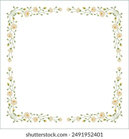 Elegant green and yellow vegetal ornamental frame with daisy flowers, decorative border, corners for greeting cards, banners, business cards, invitations, menus. Isolated vector illustration.