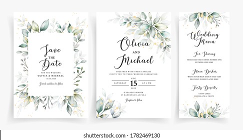 Elegant Greenery With Gold Leaves On Wedding Invitation Card Template