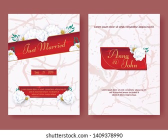 Elegant Greenery Greeting or Wedding Invitation Card Template Design, Front, Back View. White Anemones and Peony Flowers, Frame on Pink Background with Marble Pattern and Red Lace. Vector Illustration