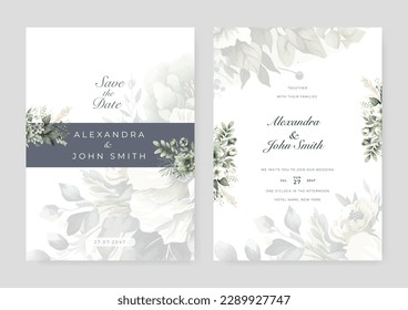 Elegant greenery on wedding invitation card template. Watercolor wedding invitation with floral background