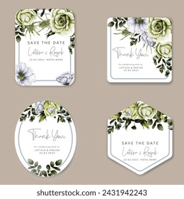 Elegant greenery roses flower watercolor label collection