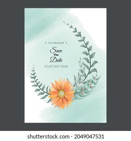 Elegant greenery Watercolor creamy wedding invitation card template set with golden floral decoration. Floral poster, invite. decorative greeting card succulent and branches, save the date, thank you
