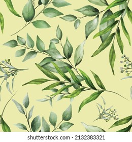 elegant greenery watercolor leaves seamless pattern