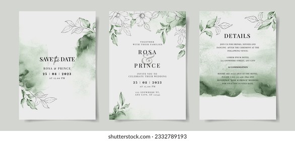 elegante invitación a bodas de color verde con flores y hojas dibujadas a mano