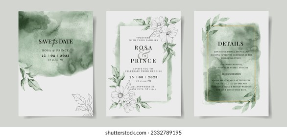 elegant greenery watercolor wedding invitation with hand drawn floral and leaves