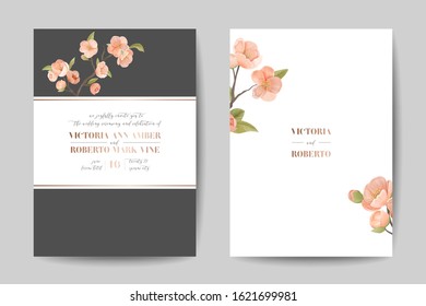 Elegant Greenery Wedding Invitation Card Template Design, Front Back View. Cherry Flowers, Frame on White Background Floral Green Leafage Poster Banner Flyer Brochure. Cartoon Flat Vector Illustration