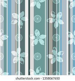 Elegant green-gray-blue  seamless pattern with vertical stripes and grunge white flowers. Vector image. Eps 10