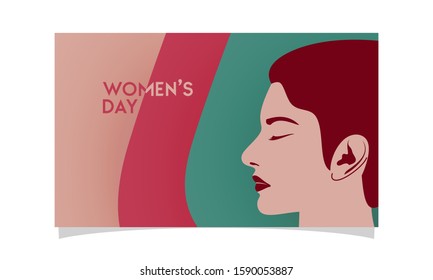 Elegant greeting background design template with illustration of young girl for International Women's Day celebration. Vector illustration.