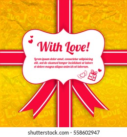 Elegant greeting background with sticker red ribbon bow on bright crumpled paper icons seamless pattern vector illustration
