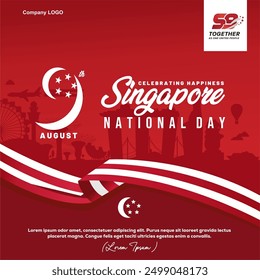 Elegant Greeting Card of 59th Singapore National Day 2024 with 59 Logo, 9 logo, Quotes and City Landscape . Singapura Merdeka 9 Agustus 2024 meaning Independence Day of Singapore 9th August 2024.