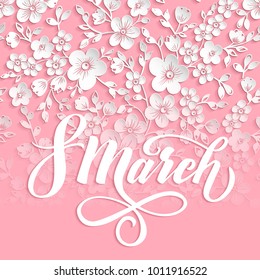 Elegant greeting card. 8 March International Women's Day. Vector card with beautiful sakura flower element and elegant typography. Cherry blossom background