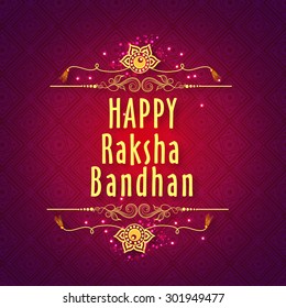 Elegant greeting card with beautiful rakhi on floral design decorated shiny purple background for Indian festival of brother and sister love, Happy Raksha Bandhan celebration.