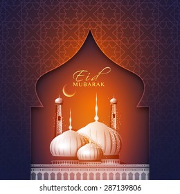Elegant greeting card with creative beautiful mosque and crescent moon for muslim community festival, Eid Mubarak celebration.