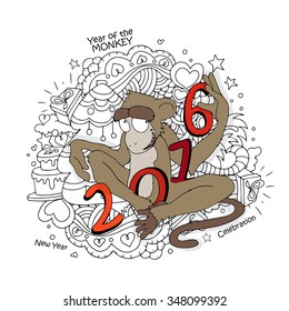 Elegant greeting card with creative illustration of Monkey and floral design for Chinese New Year 2016 celebration.