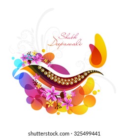 Elegant greeting card with creative lit lamp on flowers abstract background for Indian Festival of Lights, Shubh Deepawali (Happy Deepawali) celebration.