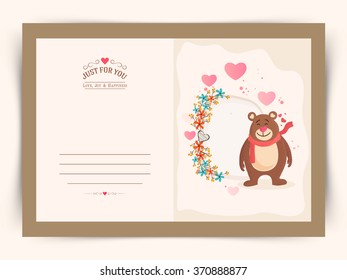 Elegant greeting card with cute bear on beautiful flowers decorated background for Happy Valentine's Day celebration.