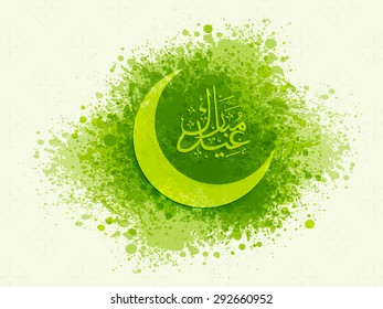 Elegant greeting card decorated with crescent moon and Arabic Islamic calligraphy of text Eid Mubarak covered by green color splash for Muslim community festival, celebration.