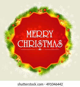 Elegant greeting card decorated with fir branches and golden stars for Merry Christmas celebration.