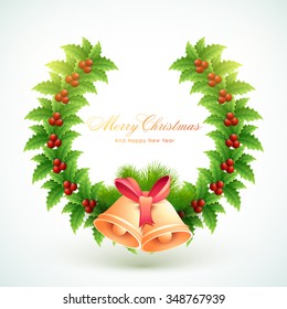 Elegant greeting card design with beautiful mistletoes and jingle bells for Merry Christmas and Happy New Year celebration.