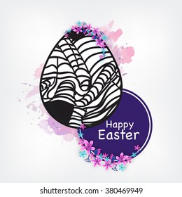 Elegant greeting card design with beautiful flowers decorated creative Easter Egg on abstract gray background.