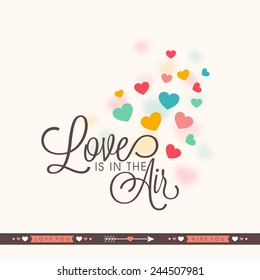 Elegant greeting card design with colorful hearts and text Love Is In Air for Valentines Day celebration.