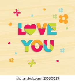 Elegant greeting card design with colorful text Love You, flying butterflies, heart shapes and flowers for Happy Valentine's Day celebrations.