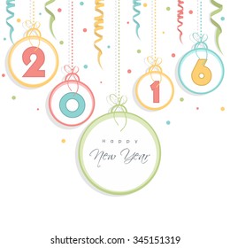 Elegant greeting card design with colorful text 2016 on hanging frames for Happy New Year celebration.