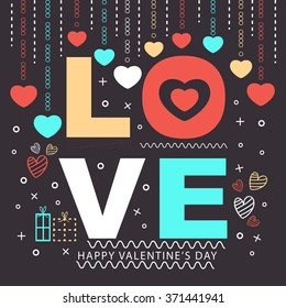 Elegant greeting card design with colorful text Love and hanging hearts for Happy Valentine's Day celebration.