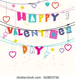 Elegant Greeting Card design with Colorful Text Happy Valentine's Day and hanging hearts decoration.