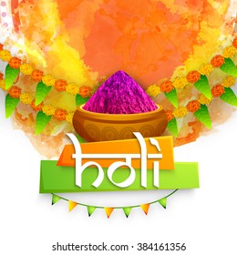 Elegant greeting card design with colour powder (Gulaal) on flowers decorated abstract background for Indian Colour Festival, Happy Holi celebration.